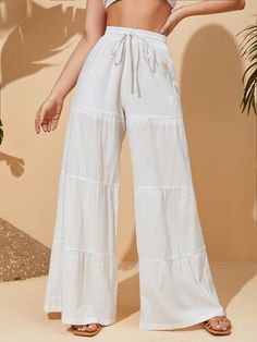 Solid Ruffle Hem Trousers White Boho   Fabric Plain Wide Leg Non-Stretch Spring/Summer/Fall Women Clothing, size features are:Bust: ,Length: ,Sleeve Length: Flowy Summer Pants, White Flowy Pants, Flowy Pants Outfit, Wide Leg Pants Outfit, Summer Pants Outfits, Summer Bottoms, Boho Fabric, Flowy Pants, How To Hem Pants