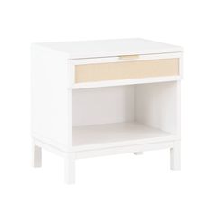 a white night stand with wicker drawers on the bottom and one drawer at the top