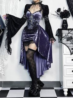 Aesthetic collection of dresses ranging from sweet lolita, fairy core, vintage, cottage and more! Ruffles, layers, lace, ribbons. Purple Goth Dress, Colorful Goth, Drag Dresses, Velvet Outfits, Gothic Dresses, Purple Witch, Fashion Goth, High Low Gown, Velvet Corset