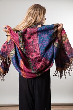 One blanket shawl to rule them all... find yourself at the crossroads of comfort and style, this colorful shawl is the perfect campfire companion, hippie wardrobe staple, or indie accent to a funky boho outfit. Keep warm while keeping cool in the Buta blanket shawl. Shawl Aesthetic, Blanket Dress, The World Is Your Oyster, World Is Your Oyster, Boho Shawl, Red Shawl, Boho Scarf, Big Scarf, Boho Outfit