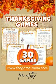 thanksgiving games for kids to play in the fall with text overlay that reads, 30 thanksgiving