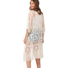 Crafted from semi sheer embroidered lace and cotton crochet, this knee-length kimono is perfect to wear as a cover up or dress up any outfit by wearing this over it. Semi-sheer embroidered lace nylon Cotton crochet accent One Size Fits Most Material: NYLON/COTTON Crochet Lace Beach Dress, Bohemian Lace Beach Cover-up, Lace Open Front Cover-up For Summer, Long Sleeve Summer Dress With Delicate Lace, Long Sleeve Dresses With Delicate Lace For Summer, Long Sleeve Delicate Lace Dress For Summer, Long Sleeve Delicate Lace Summer Dress, White Lace Cover-up For Spring, Long Lace Beachwear Cover-up