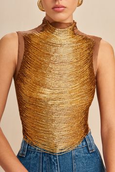 An artisanal top rendered in hand beaded ombre arcs over a mesh underlayer. — Hand beaded — Mesh underlayer — Zippers at both sides of neck — Contrast fabric trim Gold Outfits, Great Neck New York, Future Wardrobe, Dark Feminine, Cult Gaia, Beaded Top, Fabric Trim, Hand Beading, Easy Wear