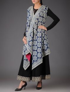 Blue - Ecru Ajrakh Cotton Cape Outer Batik Long, Exotic Dramatic, Outer Batik, Style Kurti, Amazing Dresses, Kurti Design, Batik Fashion, Suit Design, Cotton Kurti