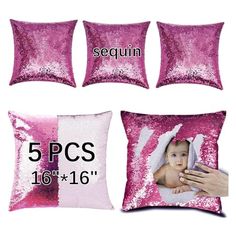 pink sequin pillow covers with the number six and five pictures on each one side