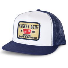 Navy/White Classic Trucker Deep fit, high profile 47% cotton, 25% polyester, 28% nylon 5 panel cap with buckram front lining, classic mesh back, quilted comfort sweatband Flat visor, however is shapeable 4" crown, 8 rows of stitching Matching plastic adjustable strap One-size-fits-most. Trucker Snapback Hat, 5-panel, Breathable, Breathable Trucker Snapback Hat With 5-panel Design, Breathable Trucker Snapback Hat, 5-panel Style, Retro Adjustable Six-panel Trucker Hat, Adjustable Cotton Trucker Hat, White Cotton Trucker Snapback Hat, Classic Adjustable Trucker Hat For Sports, Retro Six-panel Trucker Hat, Classic Adjustable Trucker Hat