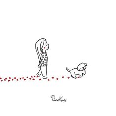 a drawing of a woman walking her dog with hearts on the ground in front of her