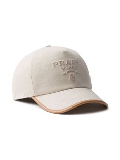 taupe grey linen blend twill weave leather trim debossed logo to the front six-panel construction rear touch-strap fastening curved peak pull-on style Prada Cap, Prada Hat, Taupe Grey, Debossed Logo, Prada Logo, Chanel 2, Twill Weave, Iconic Bags, Summer Beach Wear