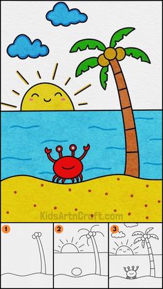 a drawing of a crab on the beach with palm trees and water in the background