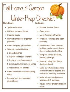 the fall home and garden winter prep checklist is shown in this printable poster