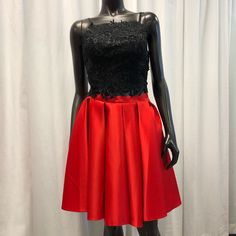 Beautiful Lace Tank Top With A Vibrant Red Skirt, Both Have Zip Closures And The Skirt Has Hidden Pockets Perfect For A Special Night Out! Elegant Red Skirt For Night Out, Red Fitted Skirt For Evening, Red Formal Skirt For Summer, Elegant Red Fitted Mini Skirt, Elegant Red Knee-length Skirt, Formal Red Flowy Skirt, Red Flowy Skirt For Formal Occasions, Red Formal Flowy Skirt, Elegant Red Evening Skirt