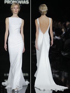 the back of a white wedding dress with an open - back and low neckline