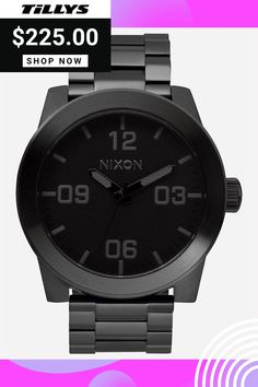 Nixon The Corporal Ss Watch. 3 Hand Japanese Movement.48mm Wide, Custom Stainless Steel Case With Enamel Fill Crown And Hardened Mineral Crystal. 23mm Wide, 3 Link Stainless Steel Tapered Band With Beveled Edge Links. Imported. Durable Black Stainless Steel Watch, Cheap Durable Black Digital Watch, Nixon Watch Men, Nixon Digital Watch, Functional Black Shock-resistant Digital Watch, Nixon, Beveled Edge, Black Watch, Minerals Crystals