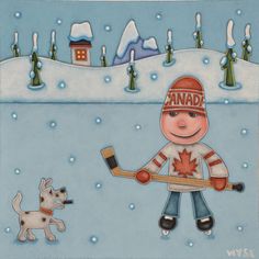 a painting of a boy playing in the snow with a hockey stick and a dog