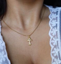 Vintage Style Cross Necklace, Cross Jewelry, Maximalist Necklace, Religious Jewelry, Gift for Her, Christmas Gift, Spiritual Accessories ☽ 14K Gold Plated, Cubic Zirconia Pendant (13x24mm) ☽ This is a gold plated charm meaning that it requires extra care to keep its shine and color intact. Please follow these tips to make the charm last longer in its original condition: avoid wearing it to the beach, pool, shower, bathtub, hot tub; avoid it touching any lotions, creams, or sweat; take it off before going to bed. ☽ Gold stainless steel chain closed with a lobster clasp ✧･ﾟ: *✧･ﾟ･ﾟ: *✧･ﾟ･ﾟ: *✧･ﾟ･ﾟ ☽ All pieces of jewelry are handmade with love, just for you <3 ✧･ﾟ: *✧･ﾟ･ﾟ: *✧･ﾟ･ﾟ: *✧･ﾟ･ﾟ ☽ I do not offer returns or exchanges, but please feel free to contact me with any questions! Please give Dainty Handmade Cross Jewelry, Dainty Handmade Cross Necklaces, Handmade Dainty Cross Necklace, Dainty Handmade Cross Necklace, Christmas Gift Cross-shaped Jewelry, Maximalist Necklace, Jewelry Maximalist, Spiritual Accessories, Vintage Cross Necklace