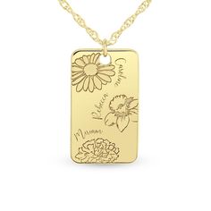 She'll adore the personalized floral charm of this beautiful engravable birth flower rectangle disc pendant. Crafted in your choice of metal This 24.0 x 14.0mm rectangle-shaped disc features up to three birth flowers of your choosing etched along the front side, see drop down menu for options. Further customize the design with up to three corresponding names or messages - each up to eight characters in length - inscribed in an attractive script font. This pendant suspends along an 18.0-inch rope Rectangular Keepsake Jewelry For Mother's Day, Personalized Rectangular Pendant Jewelry, Gold Rectangular Birth Flower Jewelry, Gold Rectangular Jewelry With Birth Flower, Rectangular Charms Jewelry For Anniversary, Mother's Day Yellow Gold Jewelry, Engraved Rectangular Jewelry For Mom, Personalized Rectangular Jewelry For Memorial, Engraved Rectangular Jewelry Gift For Mom