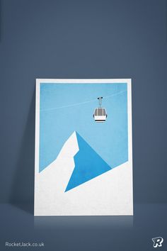 a blue and white poster with a ski lift in the sky on top of a mountain