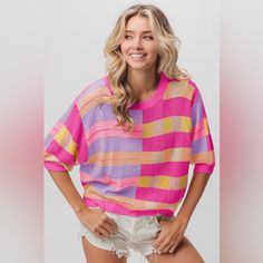 The Multi Color Striped Round Neck Knit Top Is A Vibrant And Versatile Piece That Will Add A Pop Of Color To Your Wardrobe. Featuring A Variety Of Hues In A Striped Pattern, This Knit Top Offers A Fun And Playful Look. The Round Neckline Provides A Classic And Flattering Silhouette That Can Be Easily Styled For Different Occasions. Pair It With Jeans For A Casual And Colorful Outfit, Or Dress It Up With A Skirt And Heels For A More Polished Ensemble. The Mix Of Colors Adds A Dynamic And Eye-Catc Color Block Knit Top For Spring, Spring Color Block Knit Top, Spring Knit Color Block Top, Trendy Color Block Knit Top, Summer Color Block Knit Sweater, Casual Color Block Knit Top, Trendy Multicolor Crew Neck Knit Top, Yellow Soft Knit Sweater For Spring, Spring Yellow Soft Knit Sweater