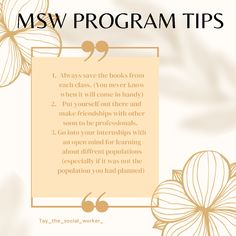 a poster with the words msw program tips written in gold and white on it