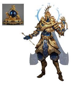 an image of a character from the video game overwatch with gold armor and blue eyes