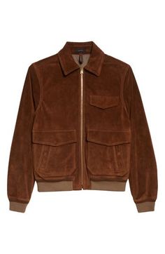 Suede gives a refined and rugged update on the classic bomber jacket. 25" length (size 38) Front zip closure Spread collar Chest flap pocket; front snap-flap patch pockets Ribbed cuffs and hem Lined Leather Professional leather clean Made in Italy Men's Designer Clothing Masculine Outerwear With Pockets For Work, Brown Leather Utility Jacket With Pockets, Masculine Brown Outerwear With Pockets, Brown Leather Jacket With Lapel Collar And Welt Pockets, Masculine Leather Jacket With Pockets For Work, Fitted Collared Leather Jacket With Flap Pockets, Fall Leather Outerwear With Side Pockets, Classic Utility Jacket With Multiple Pockets And Lapel Collar, Classic Utility Jacket With Lapel Collar And Side Pockets