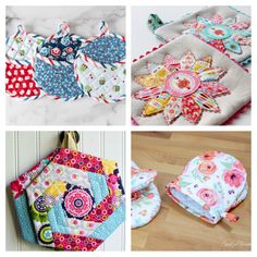 four different images of quilted bibs and pot holders