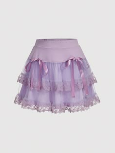 Women's Double-Layered Mesh Skirt With Bow Decoration And Ruffled Hem Mauve Purple Casual,Cute   Knitted Fabric Plain Layered/Tiered Medium Stretch Summer Women Clothing, size features are:Bust: ,Length: ,Sleeve Length: Purple Ruffle Skirt, Rococo Skirt, Light Purple Clothes, Light Purple Skirt, Purple Skirts, 50 Style Dresses, Lavender Skirt, Pastel Skirt, Skirt With Bow