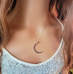 "Large Crescent Moon Necklace♥ Featuring a hammered sterling silver crescent moon (31x27mm) that dangles from the most delicate & shimmering 14/20 Gold Filled chain. A gorgeous necklace that you will reach for everyday..  Necklace measure 18 inches as pictured, length can be customized up to 20 inches. Completed with a round spring clasp.  ♥Your purchase will come thoughtfully packaged and ready for gift giving. If this purchase is a gift that we are shipping directly to the recipient, please le Crescent Moon Print Jewelry As A Gift, Hammered Half Moon Jewelry As A Gift, Hammered Crescent Jewelry Gift, Half Moon Jewelry With Moon Print For Gift, Hammered Half Moon Jewelry For Gifts, Bohemian Crescent Hammered Jewelry, Hammered Crescent Jewelry, Crescent Moon Print Jewelry For Gifts, Hammered Half Moon Jewelry For Gift