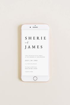 an iphone with the text sherie and james on it, sitting next to a white wall