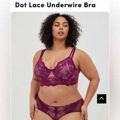 Dot Lace Underwire Bra. Torrid Size 1. Nwt. Purple Bralette, Purple Bras, Comfy Bra, Lace Underwire, Black Lace Bralette, Black Lace Bra, Longline Bra, Matches Fashion, Bra Styles