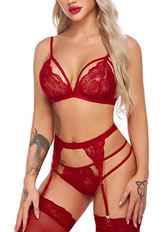 incredible (red) Women lace lingerie set features sheer lace cups with strappy detail, satin bow accents, adjustable spaghetti straps, a hook back closure, a matching high waisted garter belt with adjustable garter straps Astuces Camping-car, Bridal Lingerie Set, Red Clothing, Garter Belts, Valentines Lingerie, Dress With Stockings, Lingerie Party, Lace Lingerie Set, Lace Babydoll