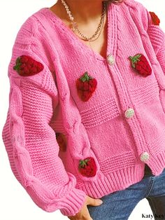 Katykey - Womens Strawberry-Patterned Cable Knit Cardigan: Fashionable Button-Down Sweater with Long Sleeves Trendy Acrylic Outerwear With Buttons, Trendy Acrylic Cardigan With Button Closure, Casual Cotton Sweater Coat With Buttons, Casual Acrylic Sweater With Buttons, Acrylic Button-up Cardigan With Buttons, Trendy Knit Sweater With Buttons, Spring Acrylic Sweater With Button Closure, Cute Winter Button-up Cardigan, Spring Acrylic Cardigan With Button Closure