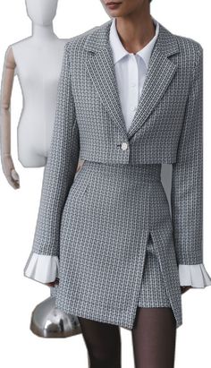 Elegant Houndstooth Outerwear For Semi-formal Occasions, Chic Semi-formal Winter Tweed Jacket, Elegant Houndstooth Blazer For Office, Elegant Tweed Skirt Suit For Office, Elegant Tweed Jacket With Button Cuffs, Elegant Houndstooth Tweed Jacket For Office, Elegant Tweed Skirt Suit For Work, Office Tweed Jacket With Button Cuffs, Elegant Houndstooth Pattern Blazer