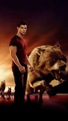 a man standing next to a large bear on top of a poster with other animals in the background