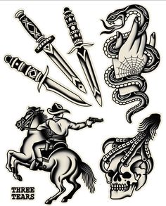 an image of some tattoos on the back of a horse and two men riding horses