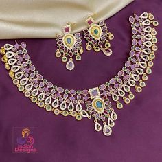 Elegant and exclusive South Indian style matte finish gold necklace studded with Ruby emerald and clear stones.  Please note that its matte gold tone! Stone Necklace Designs, Kemp Necklace, South Indian Style, Choker Necklace Designs, Indian Temple, Ruby Emerald, Gold Choker Necklace, Cz Jewelry, Gold Choker