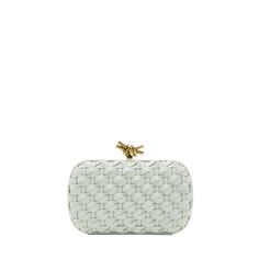 Bottega Veneta minaudiere in woven leather  Framed top with knot lift-clasp closure  Approx. 7.5"H x 4.5"W x 2"D Made in Italy Luxury Clutch With Intrecciato Weave, Designer Woven Leather Clutch For Evening, Luxury Woven Leather Rectangular Clutch, Luxury Rectangular Woven Leather Clutch, Evening Leather Clutch With Braided Handles, Leather Clutch With Braided Handles For Evening, Designer Evening Clutch With Intrecciato Weave, Designer Woven Leather Rectangular Clutch, Designer Rectangular Woven Leather Clutch