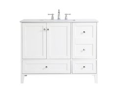 a white bathroom vanity with two sinks and drawers on the front, against a white background