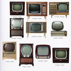 an image of old tvs and television sets labeled in different sizes on white background