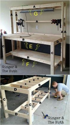 an unfinished workbench is shown with instructions for how to build it