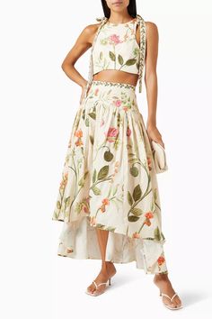 Colour: Multi All-over floral print Back zip fastening (Skirt) Back button fastening (Top) Asymmetrical hem 100% linen Hand wash Printed Formal Dress, Outfit Drip, Maxi Skirt And Top, Vietnam Dress, Cord Set, Skirt And Top, Outfit Design, Simple Dress, Linen Set