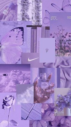 a collage of purple images with flowers, books and butterflies in the middle one has a pink rose on it