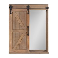 an open wooden door with two mirrors on the front and one mirror in the back