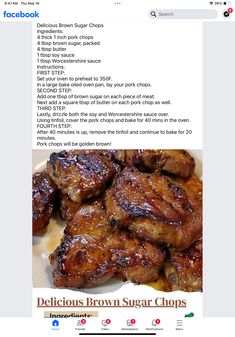 the recipe for delicious brown sugar chops on facebook is shown in this screenshot