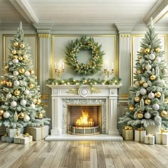 two christmas trees in front of a fireplace decorated with gold and silver ornaments, surrounded by presents