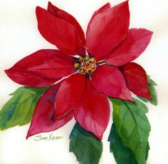 a painting of a poinsettia with green leaves