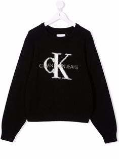 Black cotton logo-knit sweatshirt from CALVIN KLEIN KIDS featuring crew neck, embroidered logo at the chest, long sleeves and ribbed cuffs. Black Cotton Sweatshirt With Logo, Logo Crew Neck Winter Sweatshirt, Winter Logo Crew Neck Sweatshirt, Winter Logo Long Sleeve Sweatshirt, Black Cotton Logo Sweater, Black Cotton Sweater With Logo, Black Logo Sweatshirt With Crew Neck, Black Logo Crew Neck Sweatshirt, Black Logo Sweater For Fall