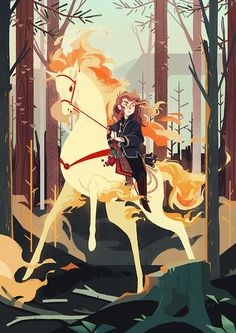 a woman riding on the back of a white horse through a forest filled with trees