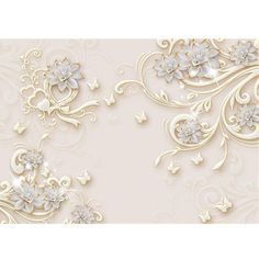 an intricate white and gold wallpaper with flowers