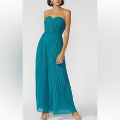 Nwt Medium Teal Adelyn Rae Elliott Strapless Jumpsuit. 15” Flat Lay Across The Waist And 54” Long Strapless Blue Jumpsuit For Party, Blue Strapless Jumpsuit For Night Out In Spring, Blue Strapless Jumpsuit For Spring Night Out, Blue Strapless Jumpsuit For Party, Blue Strapless Jumpsuit For Spring Party, Tweed Romper, Mustard Jumpsuit, White Lace Jumpsuit, Hot Pink Romper